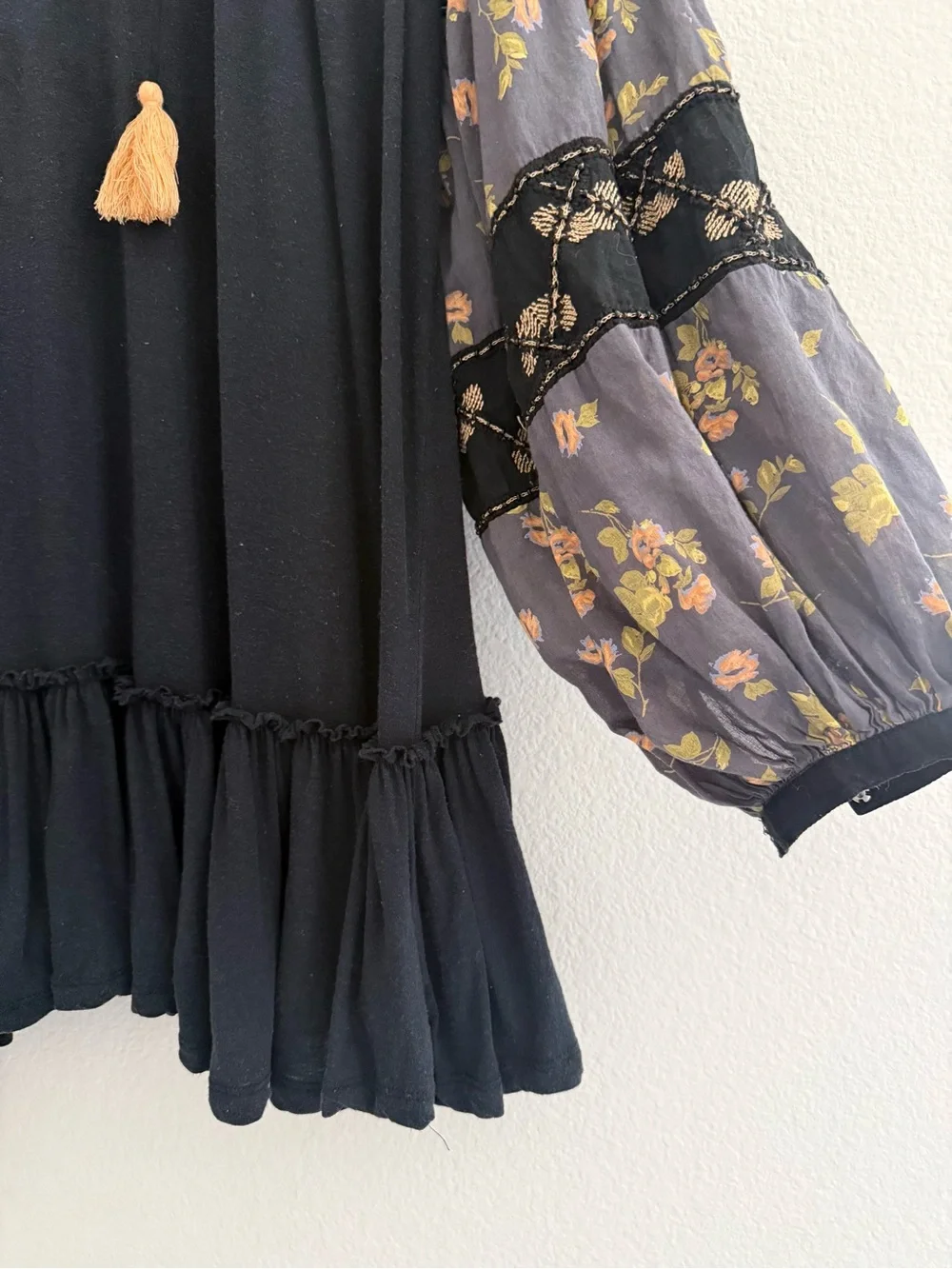 Free People Mix it beaded boho Mini flowy Dress Floral Balloon Sleeves